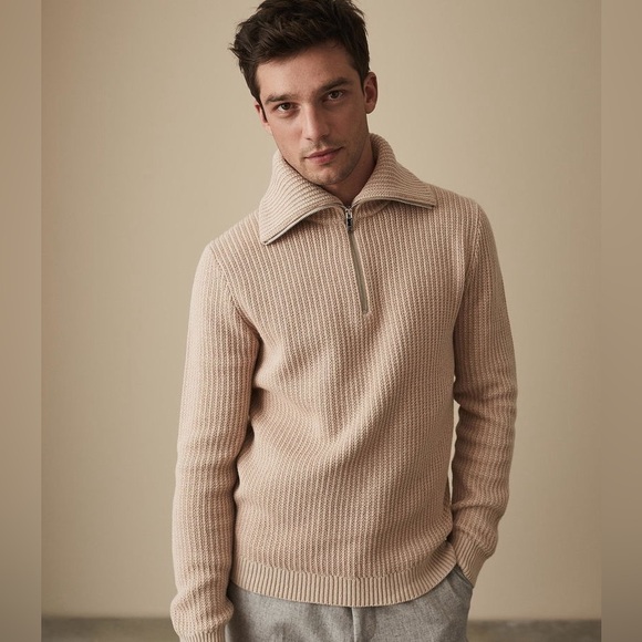Other - REISS NWT Fox Textured Funnel Neck Jumper Beige Half-Zip Sweater Quarter Zip